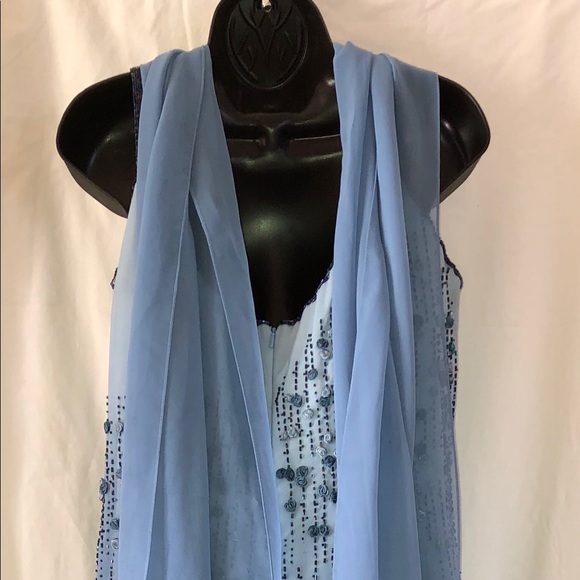 709. Miss Milan Blue Ombré Gown with Accent Scarf - Picture 3 of 7